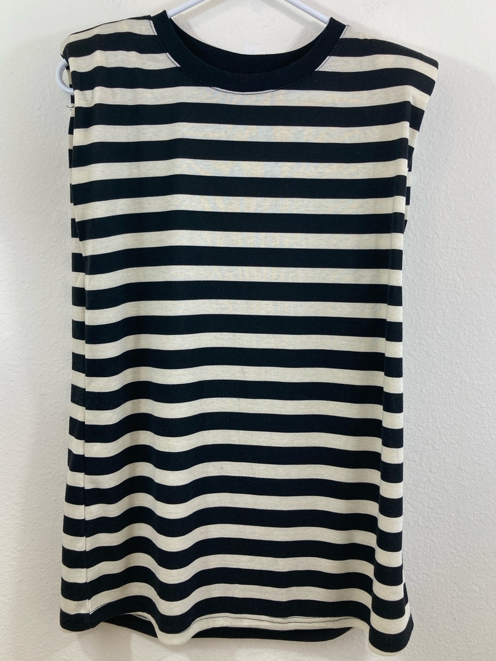 LuLaRoe Kari Tank Top Size XS Black Beige Striped Shoulder Pad Top